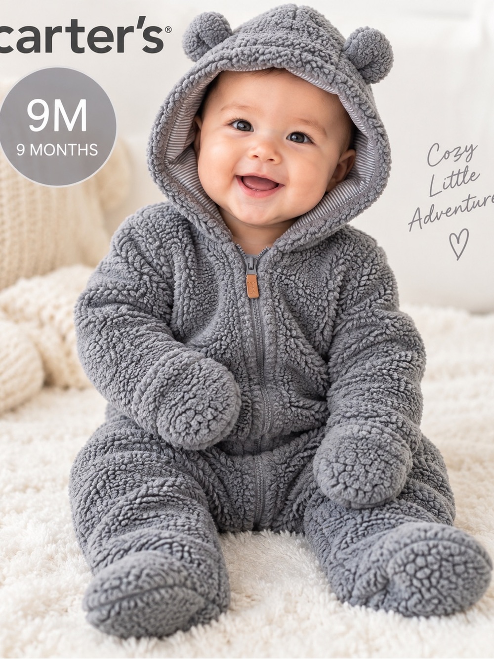 Carter’s 9M Gray Sherpa Fleece Bunting Suit Hooded Bear Ears Baby 9 Months